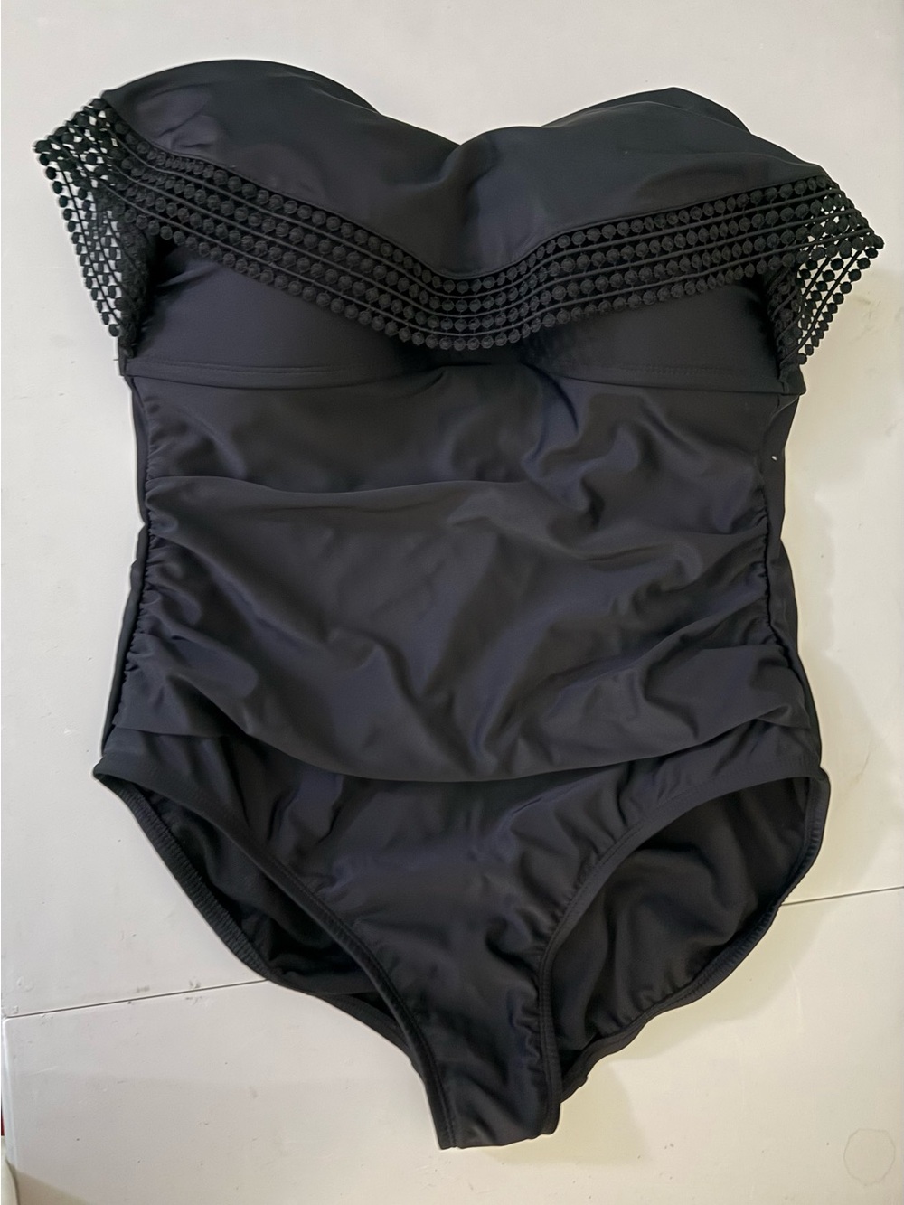 Kona Sol Black Strapless One-Piece Swimsuit with Crochet Trim